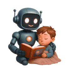 Download this PowerPoint Animation featuring a robot reading a bedtime story to a child for a heartwarming touch.