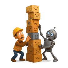 Download this PowerPoint Animation featuring a construction worker and robot balancing wobbly boxes for engaging presentations.