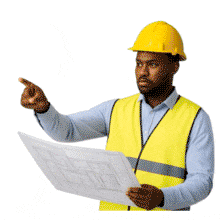 Download this PowerPoint Animation featuring a construction foreman pointing at a blueprint to enhance your presentation.
