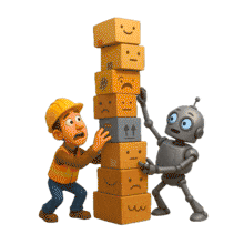 Download this PowerPoint Animation featuring a construction worker and robot balancing wobbly boxes for engaging presentations.