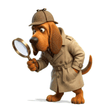 Download this PowerPoint Animation featuring a charming dog detective character with a magnifying glass.