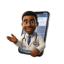 Download this PowerPoint Animation featuring a doctor character in a phone for engaging healthcare presentations.