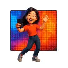 Download this PowerPoint Animation featuring a cheerful character taking a selfie, perfect for presentations on social media trends.