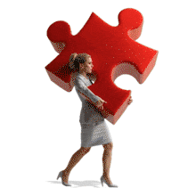 Download this PowerPoint Animation featuring a woman holding a puzzle piece to illustrate teamwork and problem-solving.