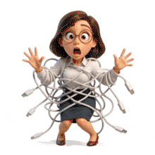 Download this PowerPoint Animation featuring a character humorously tangled in USB cables, perfect for tech-themed presentations.