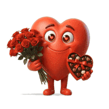 Download this PowerPoint Animation featuring a heart character with flowers and chocolates for romantic presentations.
