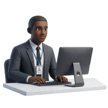 Download this PowerPoint Animation featuring a businessman working on a computer to enhance your corporate presentations.