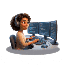 Download this engaging PowerPoint Animation showcasing a woman coding at her computer.