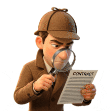 Download this engaging PowerPoint Animation featuring a detective analyzing a contract.