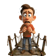 Download this PowerPoint Animation featuring a character expressing fear on a dangerous bridge.