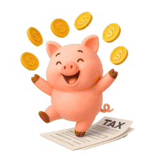 Download this engaging PowerPoint Animation featuring a dancing piggy bank with money on top of tax papers.