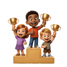 Download this engaging PowerPoint Animation of children celebrating with trophies.