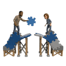 Download this engaging PowerPoint Animation featuring characters on a puzzle bridge.