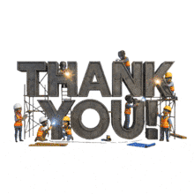 Download this Thank You PowerPoint Animation being contstructed buy a team of workers.