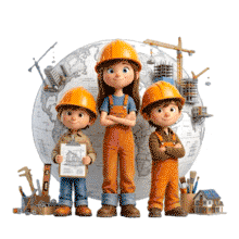 Download this engaging PowerPoint Animation featuring Construction Kids symbolizing the importance of collaboration and innovation in young minds.