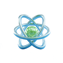 Download our swirling atom animation. Features a vibrant green nucleus and blue orbital paths. Perfect for chemistry, physics, and STEM education slides.