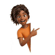 Download our 3D animation of a woman pointing around a corner. Features a friendly character in an orange shirt. Perfect for sections and CTA slides.
