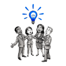Download our team collaboration clipart. Features a diverse group celebrating a glowing light bulb idea. Perfect for innovation and brainstorming slides