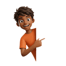 Download this animated boy pointing around a corner. Features a vibrant orange shirt and joyful mood. Perfect for guiding attention.