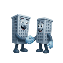 Download this engaging PowerPoint Animation featuring friendly buildings shaking hands, perfect for capturing audience attention in business presentations.