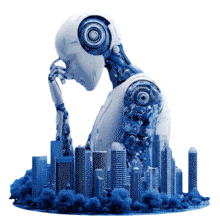 Download this captivating PowerPoint Animation featuring a futuristic robot, perfect for capturing audience attention in urban life discussions.
