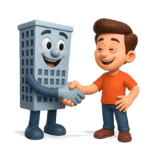 Download this engaging PowerPoint Animation featuring a friendly handshake between a character and a building in GIF format.