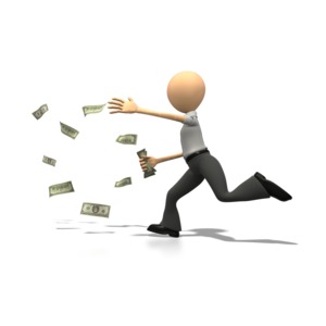 In this piece of clipart a business character chases after money caught in the wind.