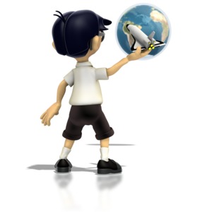 A boy holds a toy space shuttle up in front of the earth dreaming of being an astronaut in this clipart.