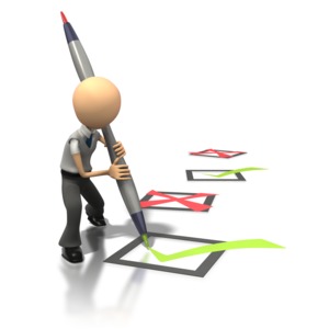 In this conceptual clipart a business character check marks a box as correct.