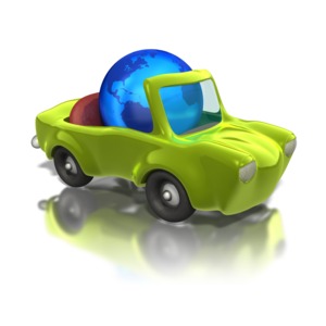 In this animated clipart the world hitches a ride in a green environmental friendly car.
