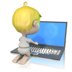 In this animated clipart a baby plays on a laptop.