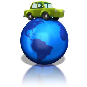 A green enviromental car sits on the top of the world in this clipart.