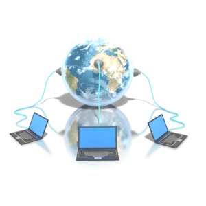 In this animated clipart three laptop computers tap into the world through plugs.