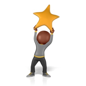a character holds a golden star high above its head in this clipart.