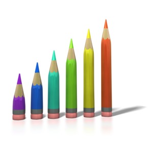 A line of six rainbow colored pencils appear from smallest to largest creating a bar graph in this business and educational clipart.