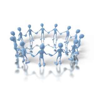 A group of blue characters hold hands in a circle in this clipart.