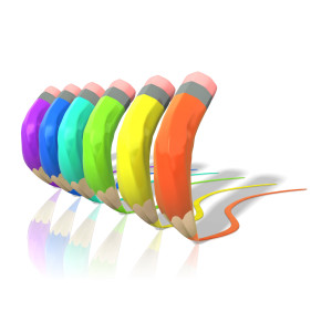 Six rainbow colored pencils write across the page leaving a trail of colored lead in this clipart.