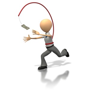 A business character chases a dollar bill just out of reach in this funny clipart.