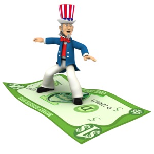 Uncle Sam surfs on a dollar bill in this clipart.