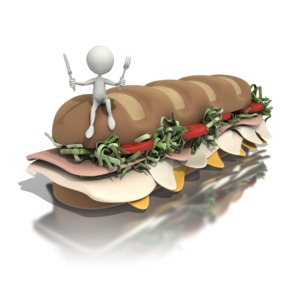 In this clipart, a character sits on a giant sub sandwich ready to dig in.