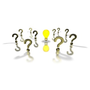A group of questions marks appear around a light bulb in this conceptual clip art.