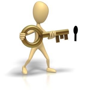 A stick figure prepares to insert a key in this clipart.