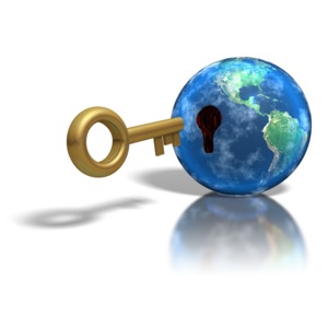 A large key is ready to be inserted into the earth in this clipart.