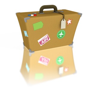 A well-traveled piece of luggage displays its stickers in this clipart.