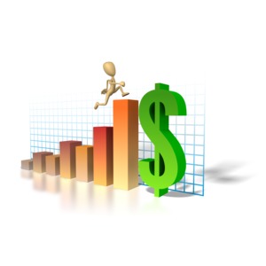 A stick figure reaches the top of a finance graph in this clipart.