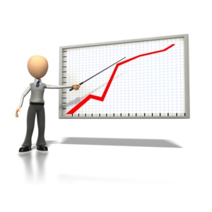 In this business clipart, a stick figure points to a graph showing an increase.