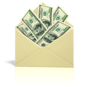 An open envelope reveals a pile of cash in this clipart.