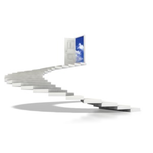 A spiral staircase leads to a door open to a cloudy sky in this clipart.