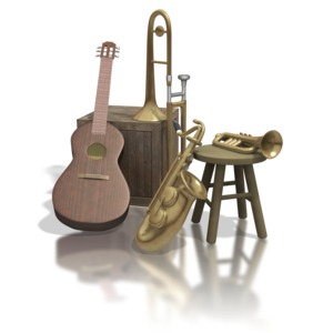 A group of old instruments including a guitar, trombone, saxophone, and trumpet appear in this clipart.