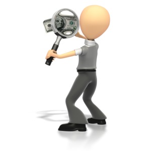 A stick figure looks at a $100 bill through a magnifying glass in this clipart.